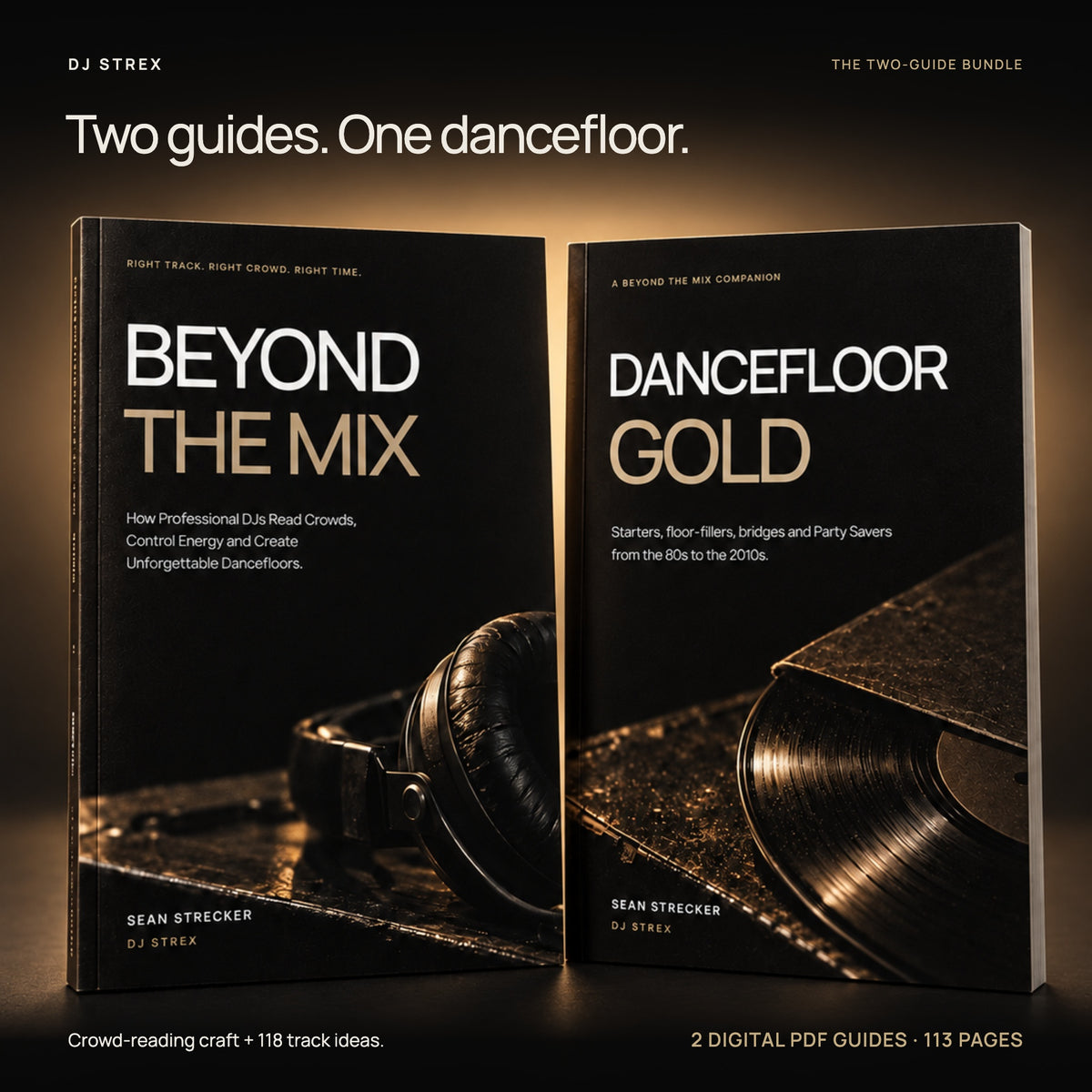 Beyond the Mix and Dancefloor Gold: two digital PDF guides, 113 pages, shown against a soft gold glow.
