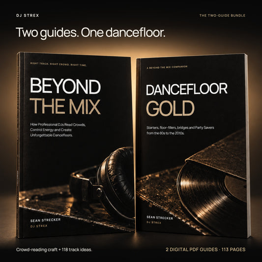 Beyond the Mix and Dancefloor Gold: two digital PDF guides, 113 pages, shown against a soft gold glow.